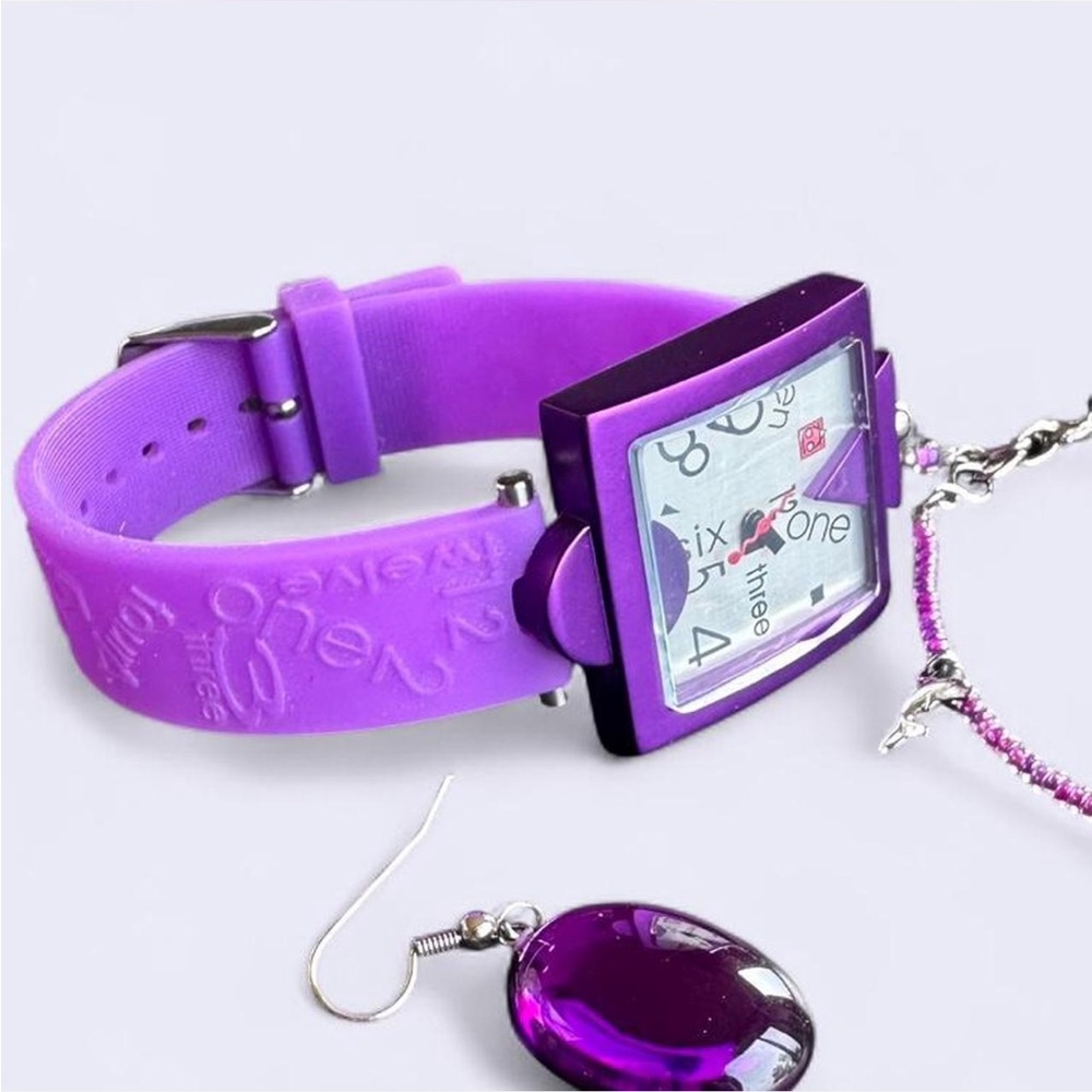 Y2k Purple set: Octans watch, oval earrings, and purple/pink dolphin bracelet
